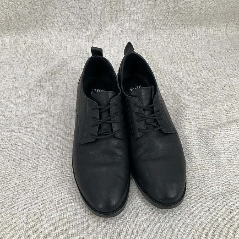 Eileen Fisher Oxford Shoes Women 9.5‎ Black Leather Lace Up Classic Minimalist